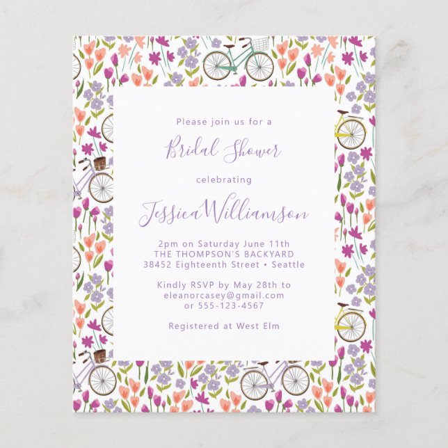 Budget Boho Fiets Bloem Schrift Bruidsborrel (Voorkant)