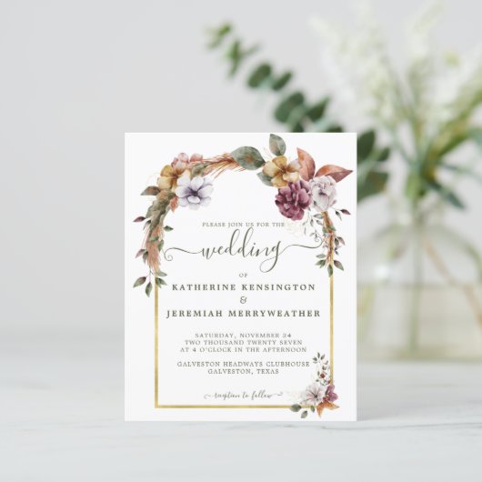 Budget Boho Floral Arch Wedding Uitnodiging (Staand voorkant)