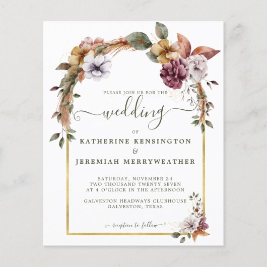 Budget Boho Floral Arch Wedding Uitnodiging (Voorkant)