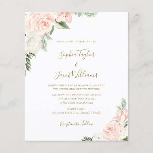 Budget Boho Floral Blush Pink Sage Wedding Invite (Voorkant)