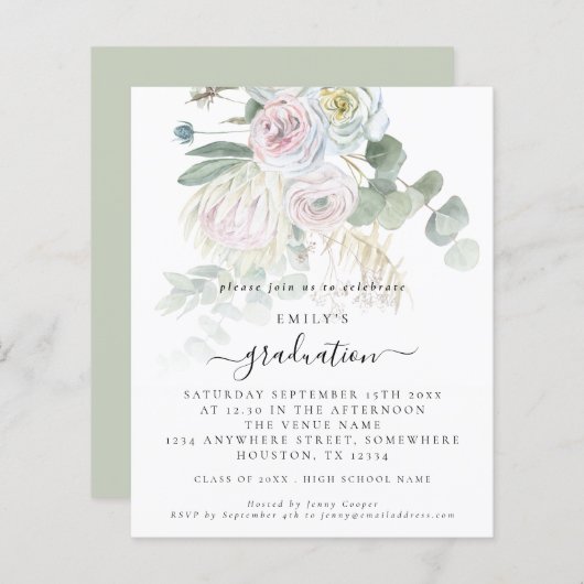 Budget Boho Floral Eucalyptus Afstuderen Uitnodigi (Voorkant / Achterkant)