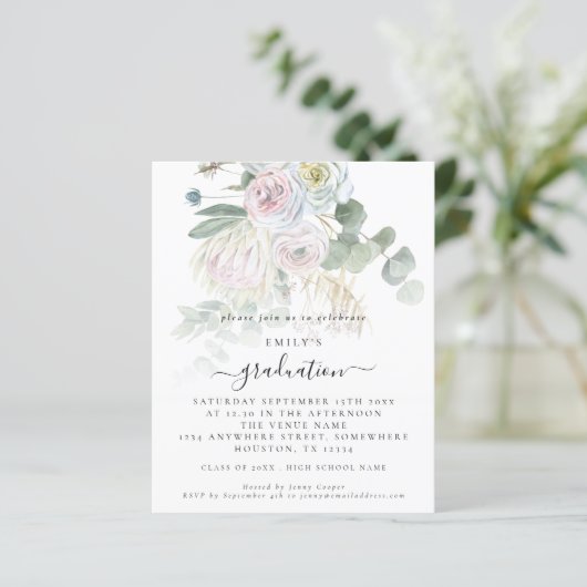 Budget Boho Floral Eucalyptus Afstuderen Uitnodigi (Staand voorkant)