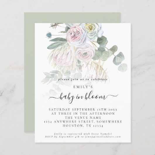 Budget Boho Floral Eucalyptus Baby in Bloom Invite (Voorkant / Achterkant)