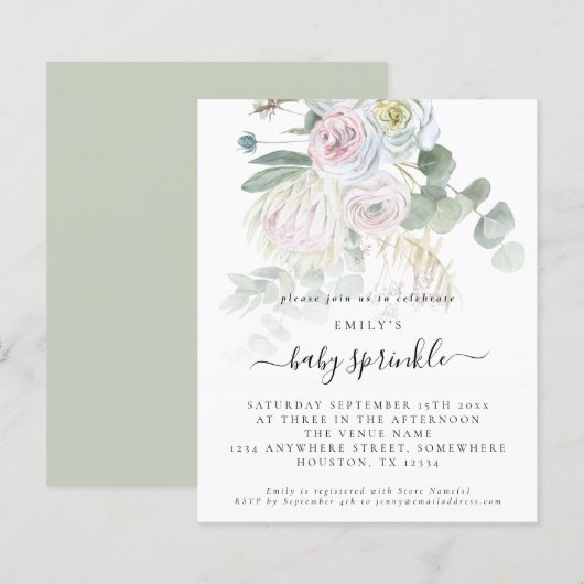 Budget Boho Floral Eucalyptus Baby Sprinkle Invite (Voorkant / Achterkant)