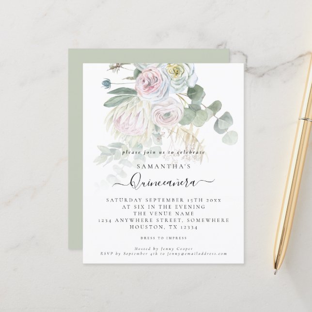 Budget Boho Floral Eucalyptus Quinceañera Invite (Voorkant / Achterkant in situ)
