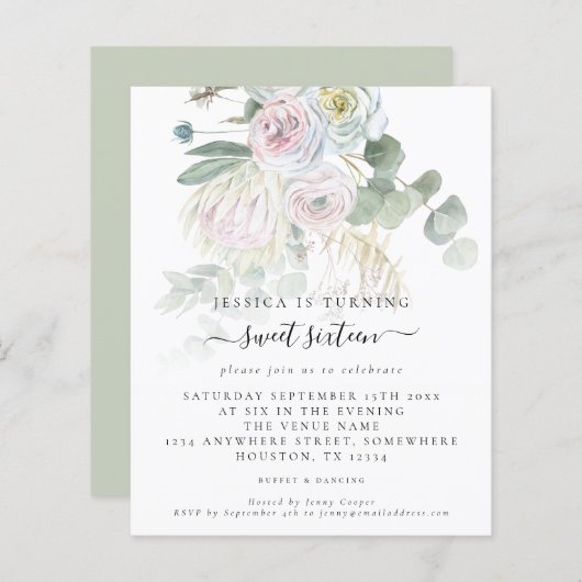 Budget Boho Floral Eucalyptus Sweet Sixteen Uitnod (Voorkant / Achterkant)