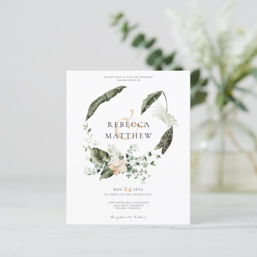 Budget Boho Floral Greenery Wedding Photo Uitnodig (Staand voorkant)