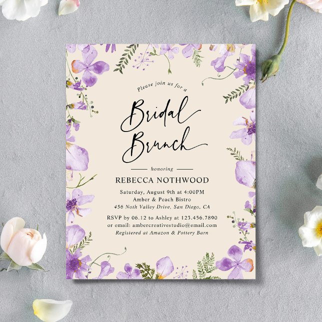 Budget Boho Floral Lila Bridal Brunch Uitnodiging (Creator heeft geüpload)