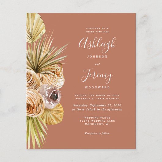Budget Boho Floral Terracotta Wedding Uitnodiging (Voorkant)