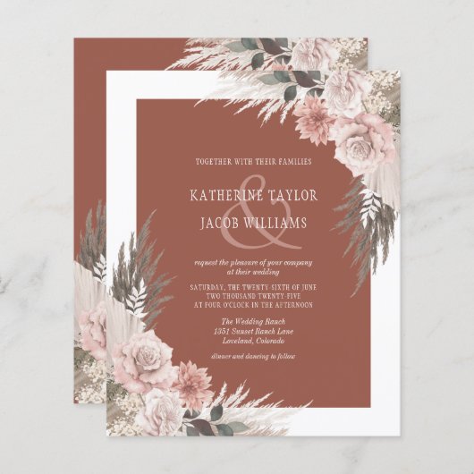 Budget Boho Floral Terracotta Wedding Uitnodiging (Voorkant / Achterkant)