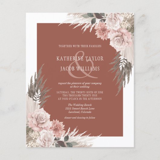 Budget Boho Floral Terracotta Wedding Uitnodiging (Voorkant)