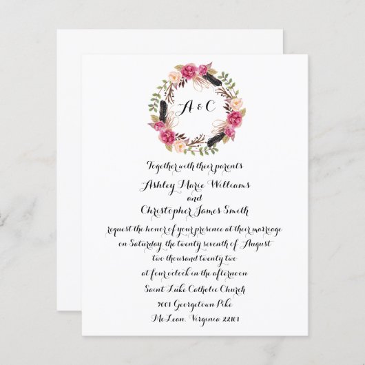 Budget Boho Floral Wedding Invitation Greenery (Voorkant / Achterkant)