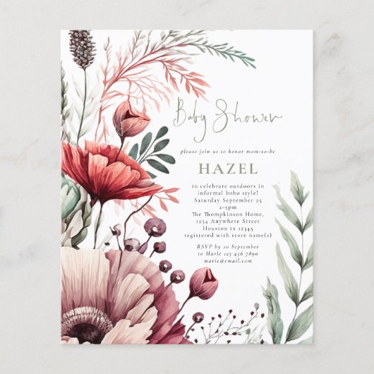 Budget Boho Florals Bourgondië Sage Baby shower (Voorkant)