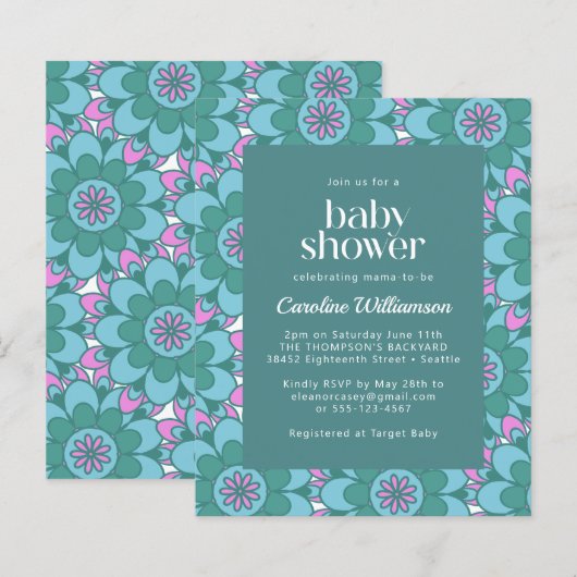 Budget Boho Flower Groovy Green Baby shower Invite (Voorkant / Achterkant)