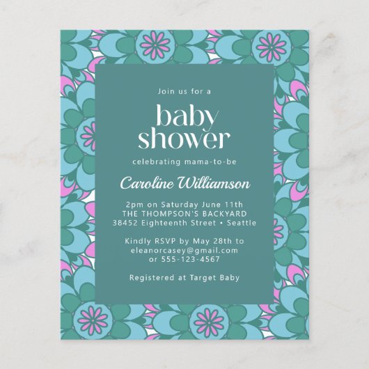 Budget Boho Flower Groovy Green Baby shower Invite (Voorkant)