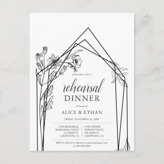Budget Boho Flowers Geometric Rehearsal Dinner Inv Uitnodiging Briefkaart (Voorkant)