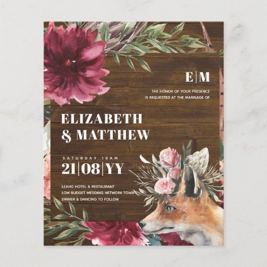 Budget Boho FOX Burgundy Floral All-in-1 Wedding Flyer (Voorkant)