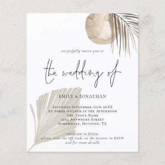 Budget Boho Grass Beige QR Code Wedding Invitation (Voorkant)