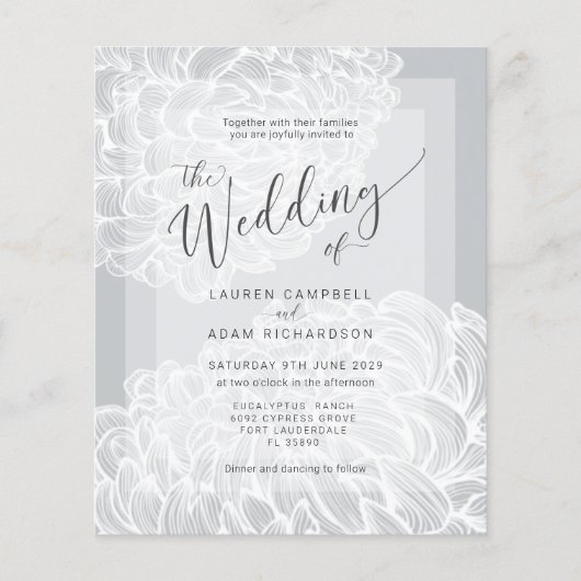 Budget Boho Gray & White Floral Wedding Invitation (Voorkant)