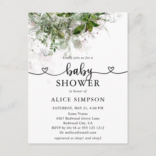 Budget Boho Greenery Baby shower Uitnodiging Briefkaart (Voorkant)