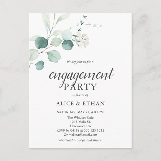 Budget Boho Greenery Eucalyptus Engagement Party Uitnodiging Briefkaart (Voorkant)
