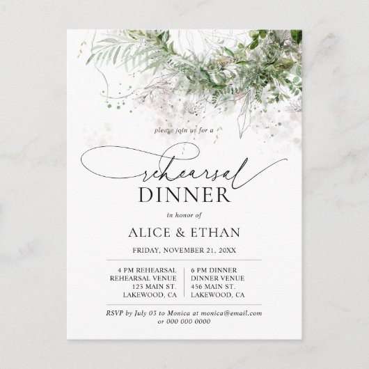 Budget Boho Greenery Script Rehearsal Dinner Uitnodiging Briefkaart (Voorkant)