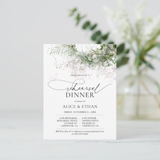 Budget Boho Greenery Script Rehearsal Dinner Uitnodiging Briefkaart (Staand voorkant)