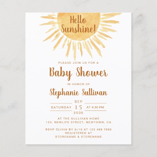 Budget Boho Hallo Sunshine Baby shower Uitnodiging (Voorkant)