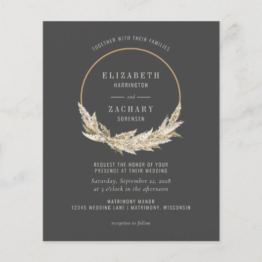 Budget Boho Hoop Pampas Grass Dark Wedding Invite (Voorkant)