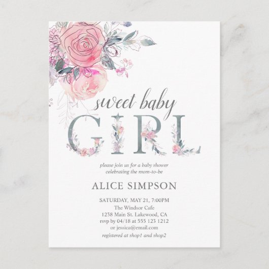 Budget Boho Light Soft Pink Flowers Baby shower Uitnodiging Briefkaart (Voorkant)