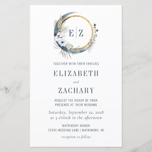 Budget Boho Moon Blue Monogram Weddenschap (Voorkant)