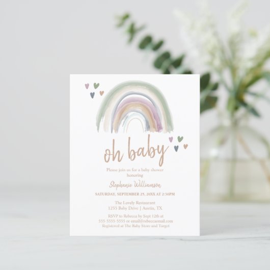 Budget Boho Muted Rainbow Baby shower Uitnodiging (Staand voorkant)