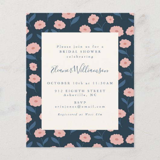 Budget Boho Navy Bloemen Bruidsuitnodiging (Voorkant)