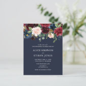 Budget Boho Navy Blue Burgundy Floral Wedding Uitnodiging Briefkaart (Staand voorkant)