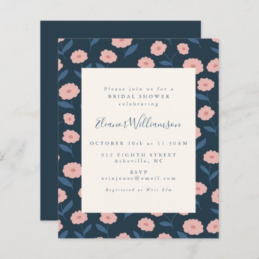 Budget Boho Navy Flowers Vrijgezellenfeest Invite (Voorkant / Achterkant)