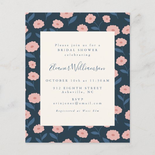 Budget Boho Navy Flowers Vrijgezellenfeest Invite (Voorkant)