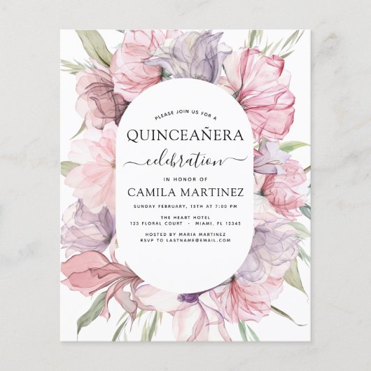Budget Boho Paars Quinceañera Dusty Pink Floral Flyer (Voorkant)