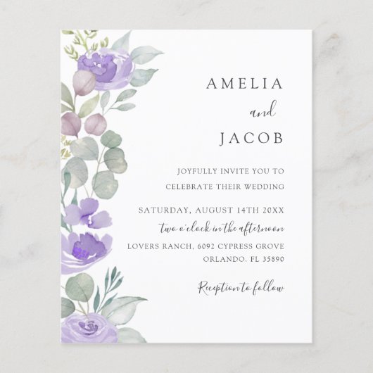 Budget Boho Paarse Eucalyptus huwelijksuitnodiging (Voorkant)