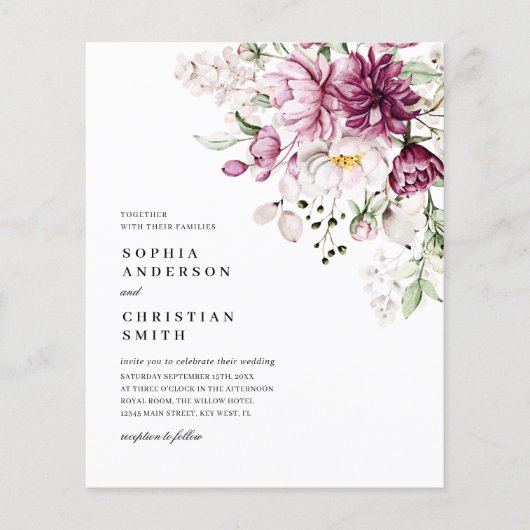 Budget Boho Paarse & Roze Pioenenbruiloft Uitnodig (Voorkant)