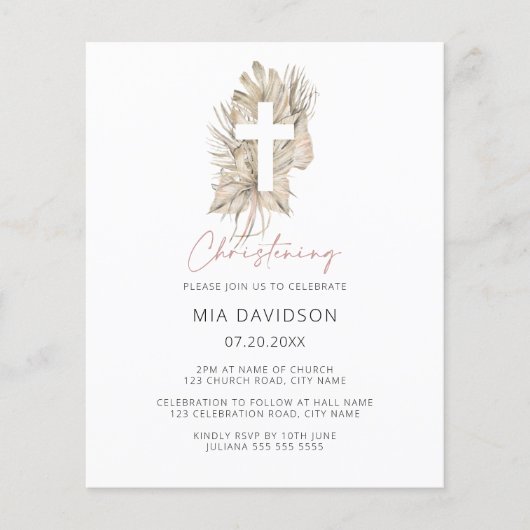 Budget Boho Palm Pink Floral Christening Invite (Voorkant)