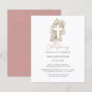 Budget Boho Palm Pink Floral Christening Invite