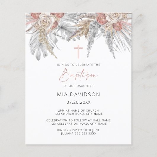 Budget Boho Palm Pink Pampas Baptism Invite (Voorkant)