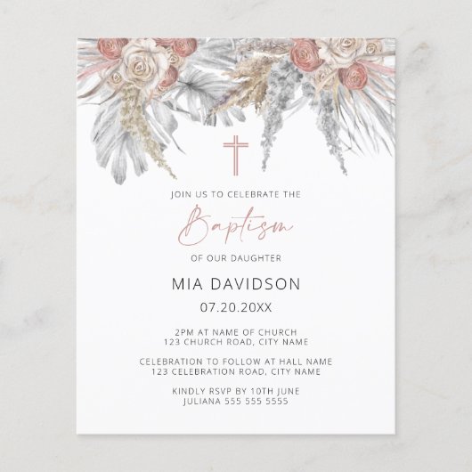 Budget Boho Palm Pink Pampas Baptism Invite Flyer (Voorkant)
