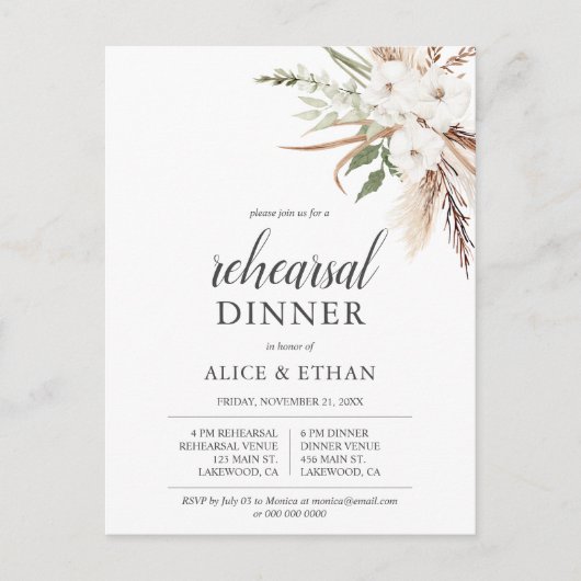 Budget Boho Pampa Grass Greenery Rehearsal Dinner Uitnodiging Briefkaart (Voorkant)