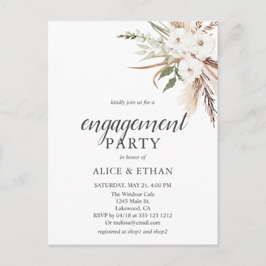 Budget Boho Pampa Greenery Engagement Party Uitnodiging Briefkaart (Voorkant)
