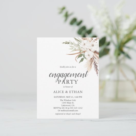Budget Boho Pampa Greenery Engagement Party Uitnodiging Briefkaart (Staand voorkant)