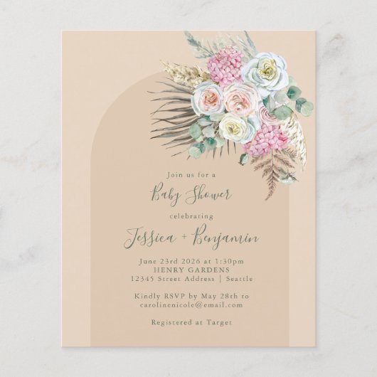 Budget Boho Pampas Beige Floral Baby shower (Voorkant)