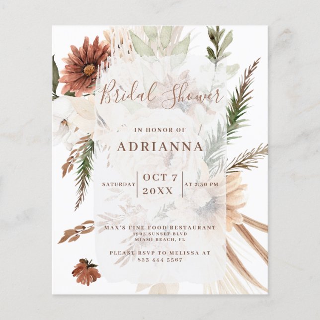 Budget Boho Pampas Bruiloft Bruidsfeest Uitnodigin (Voorkant)
