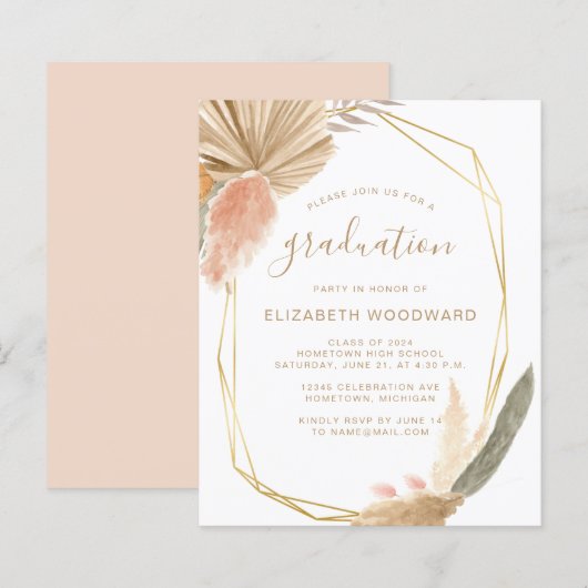 Budget Boho Pampas Graduation Party Uitnodigen (Voorkant / Achterkant)