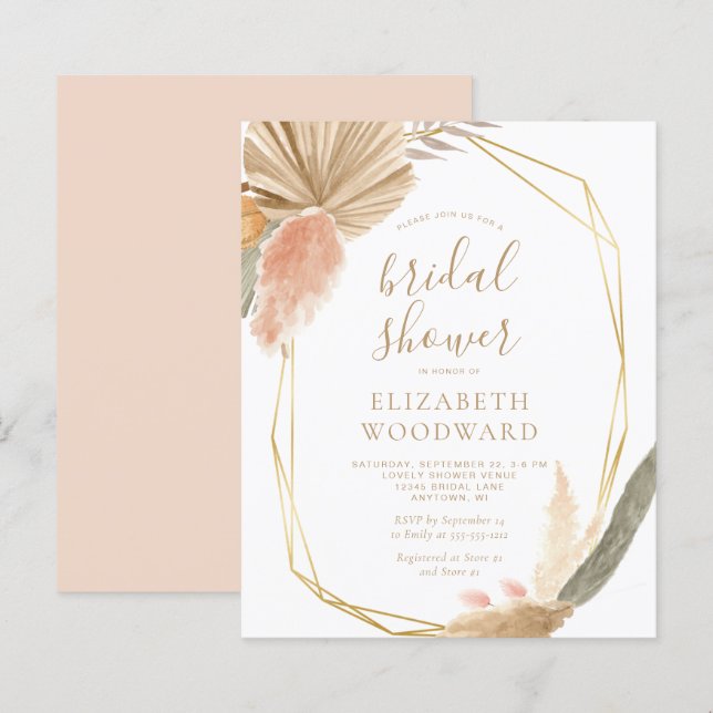 Budget Boho Pampas Gras Bruiloft Uitnodiging (Voorkant / Achterkant)